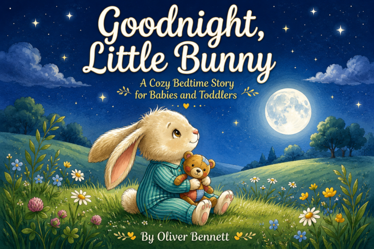 Goodnight, Little Bunny children's bedtime picture book cover featuring a cute bunny under the moon with a cozy woodland cottage.