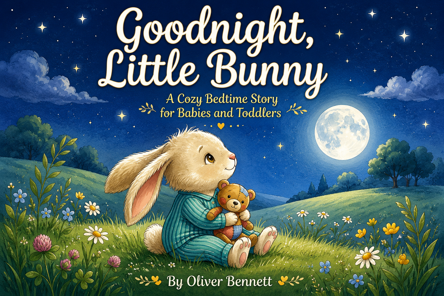 Goodnight, Little Bunny children's bedtime picture book cover featuring a cute bunny under the moon with a cozy woodland cottage.