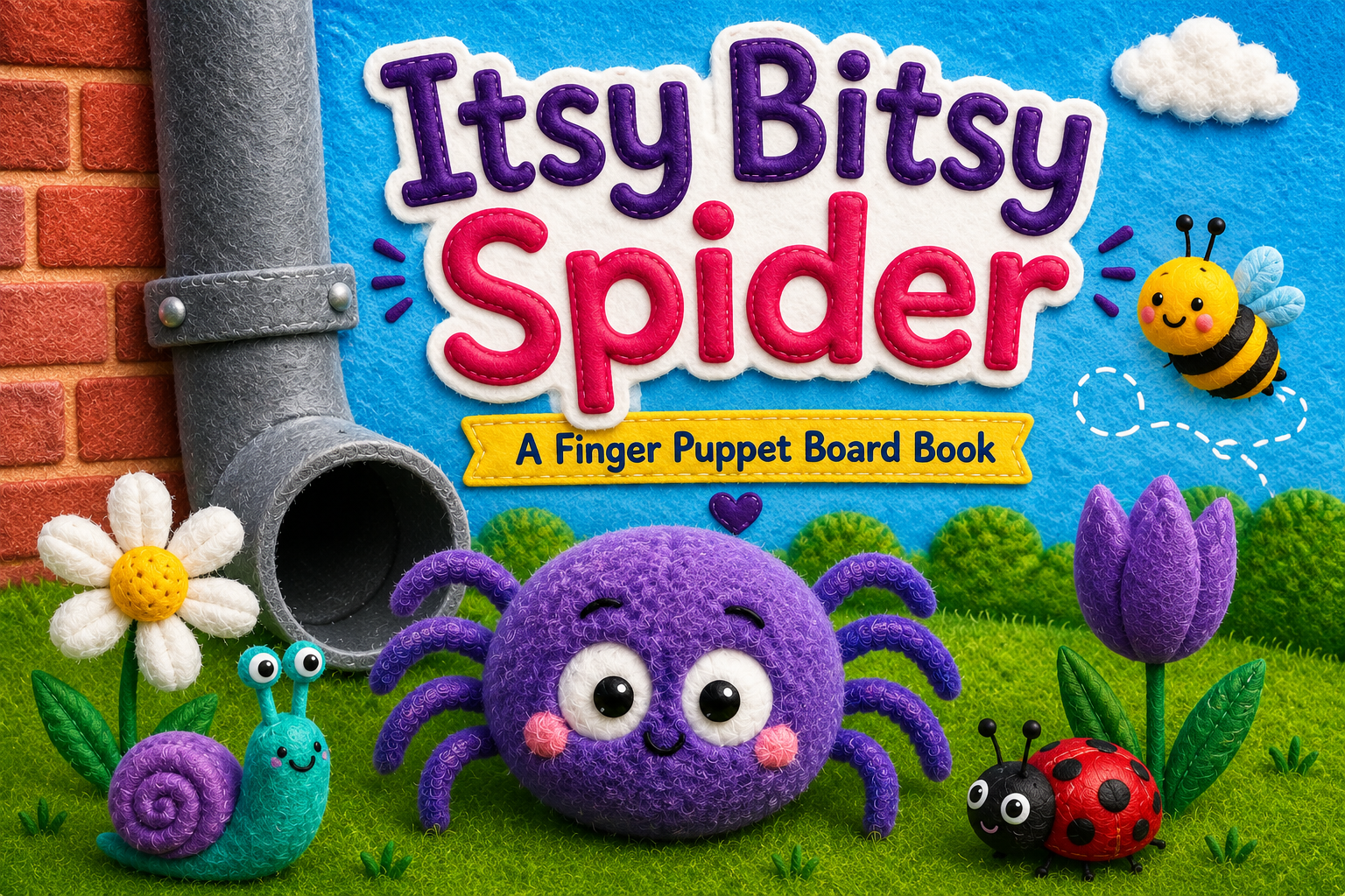 Itsy Bitsy Spider children's finger puppet board book cover for babies and toddlers featuring a cute purple spider, waterspout, and colorful garden illustration.