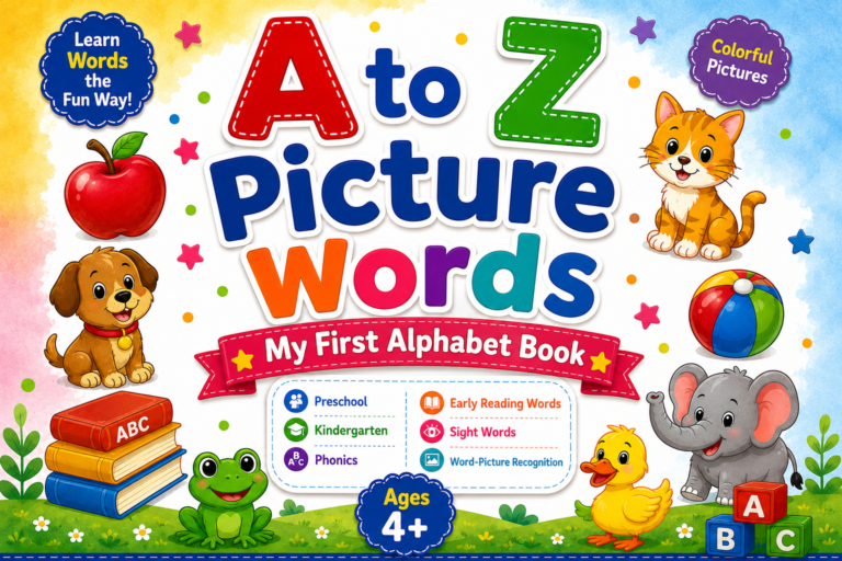 A to Z Picture Words My First Alphabet Book cover for preschool, kindergarten, phonics, early reading words, sight words, ages 4+