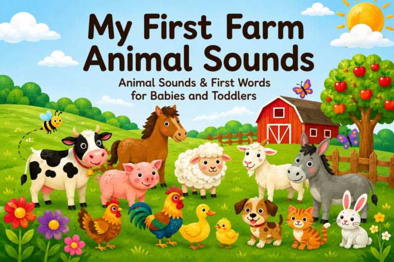 My First Farm Animal Sounds book cover featuring colorful farm animals and first words for babies and toddlers.