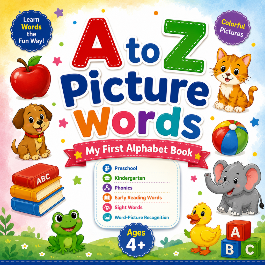 A to Z Picture Words My First Alphabet Book cover for preschool, kindergarten, phonics, early reading words, sight words, ages 4+