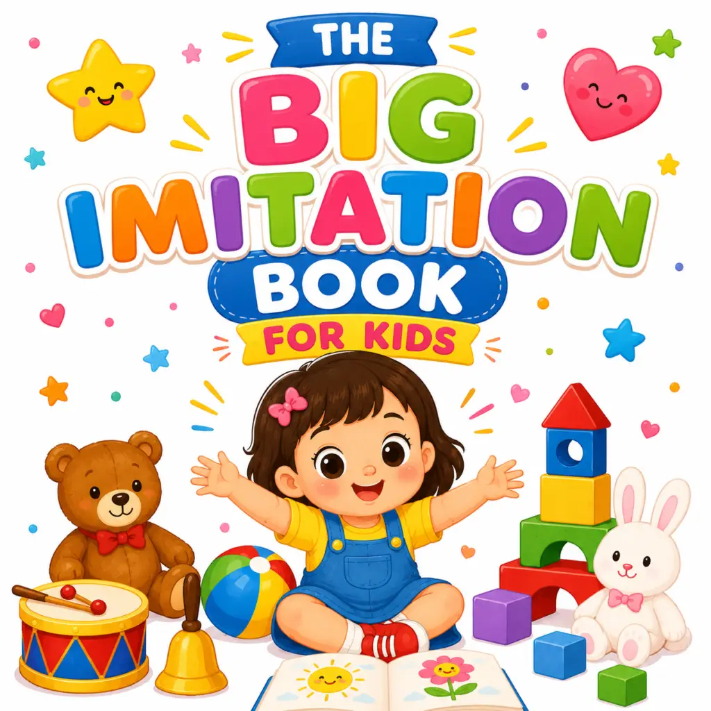 The Big Imitation Book for Kids cover with a happy toddler learning through play and simple actions