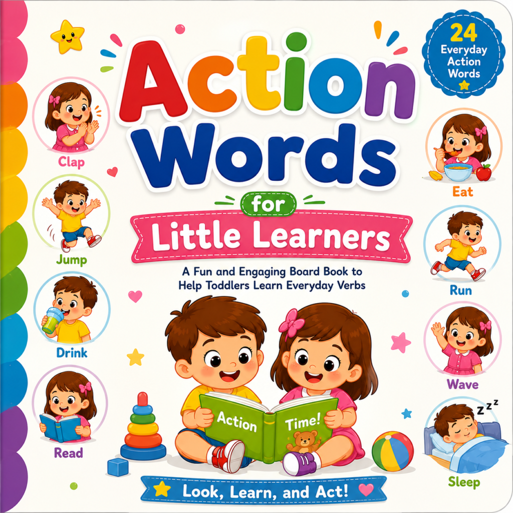 Action Words for Little Learners book cover for toddlers learning everyday action words and verbs through colorful illustrations.