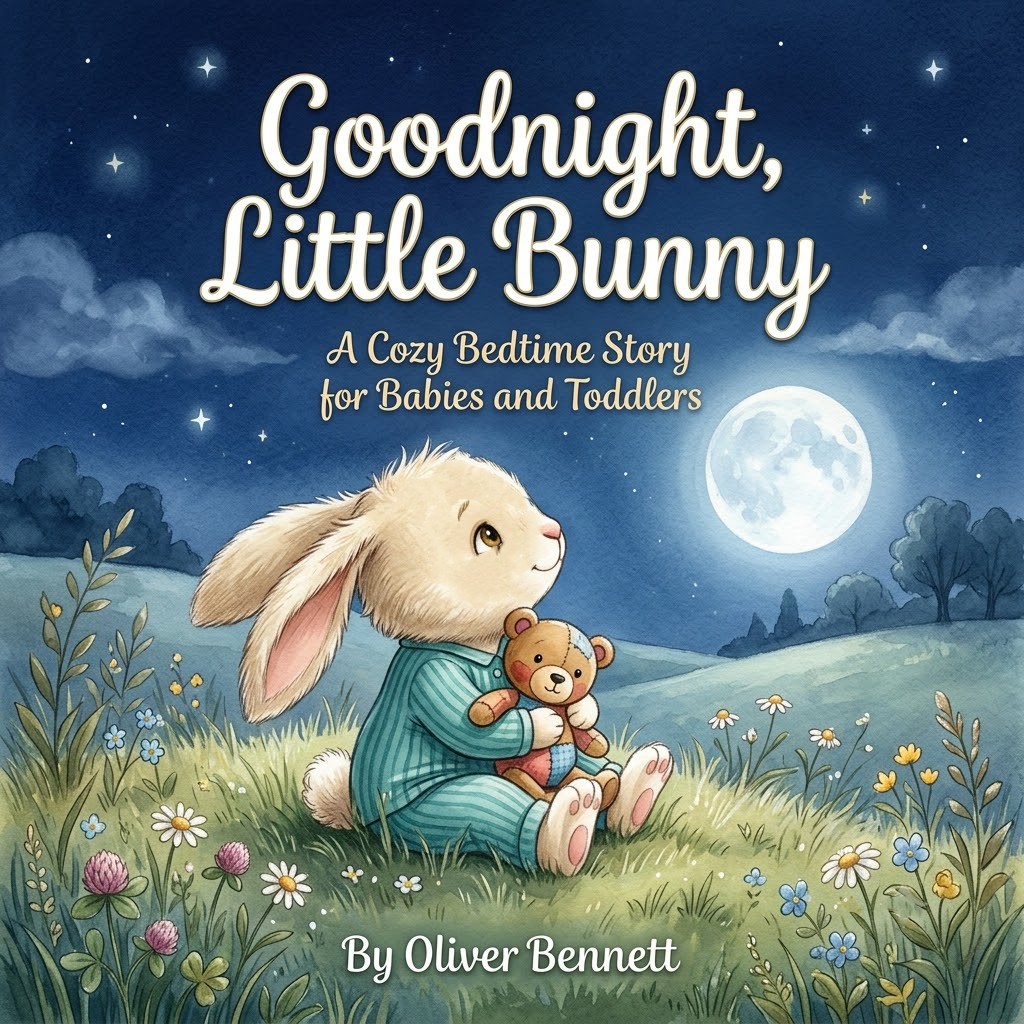 Goodnight, Little Bunny children's bedtime picture book cover featuring a cute bunny under the moon with a cozy woodland cottage.