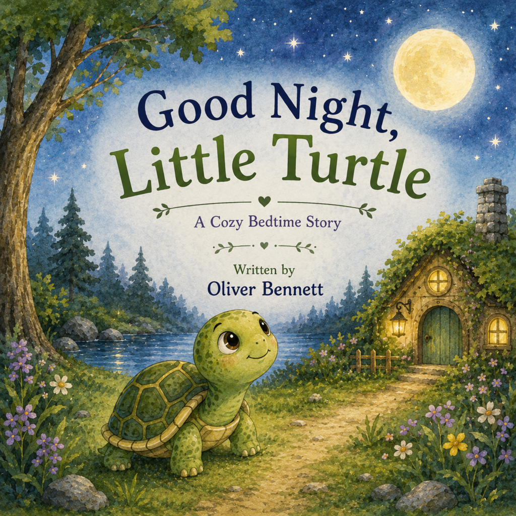 Good Night, Little Turtle book cover featuring a cute baby turtle on a peaceful moonlit bedtime journey through the forest.