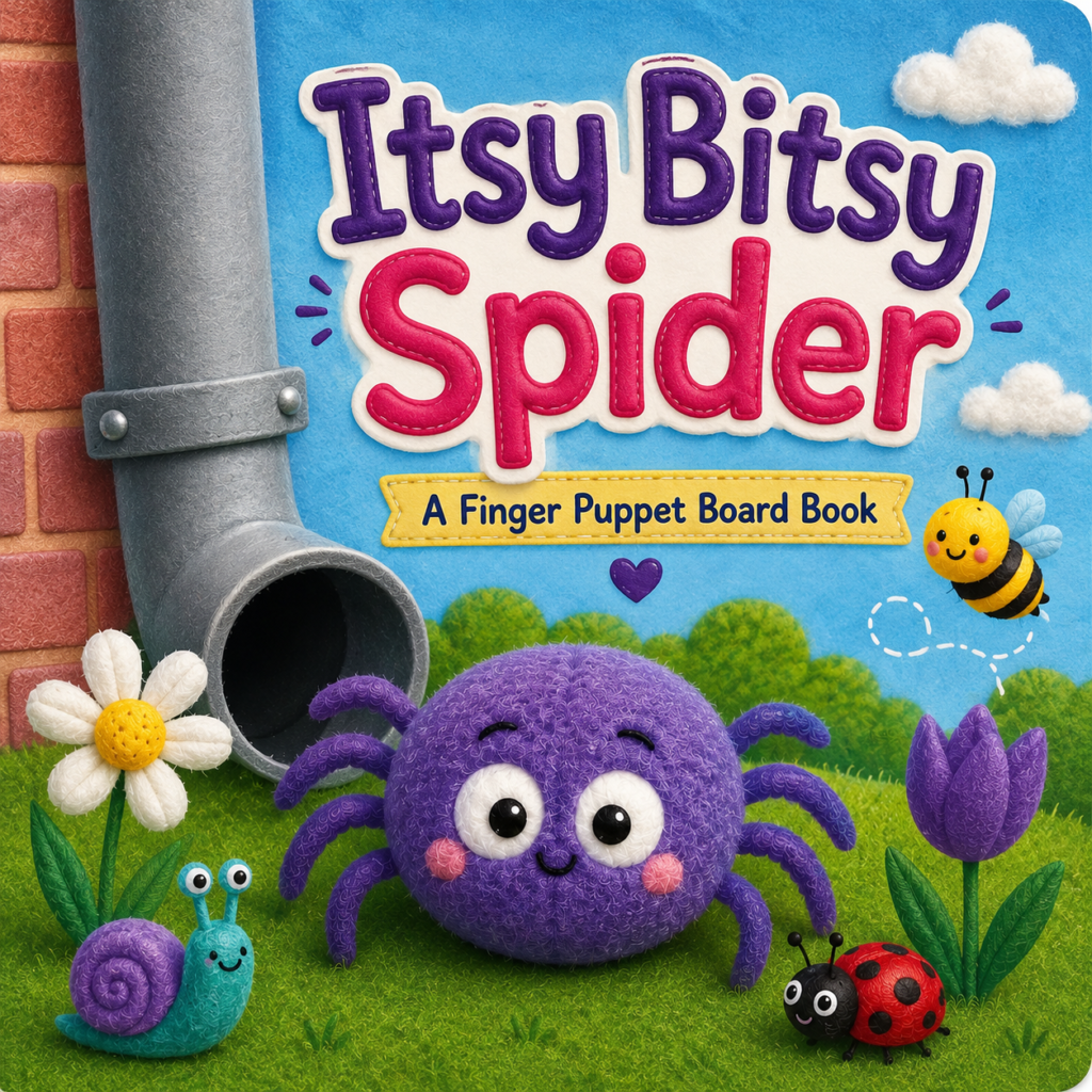 Itsy Bitsy Spider children's finger puppet board book cover for babies and toddlers featuring a cute purple spider, waterspout, and colorful garden illustration.