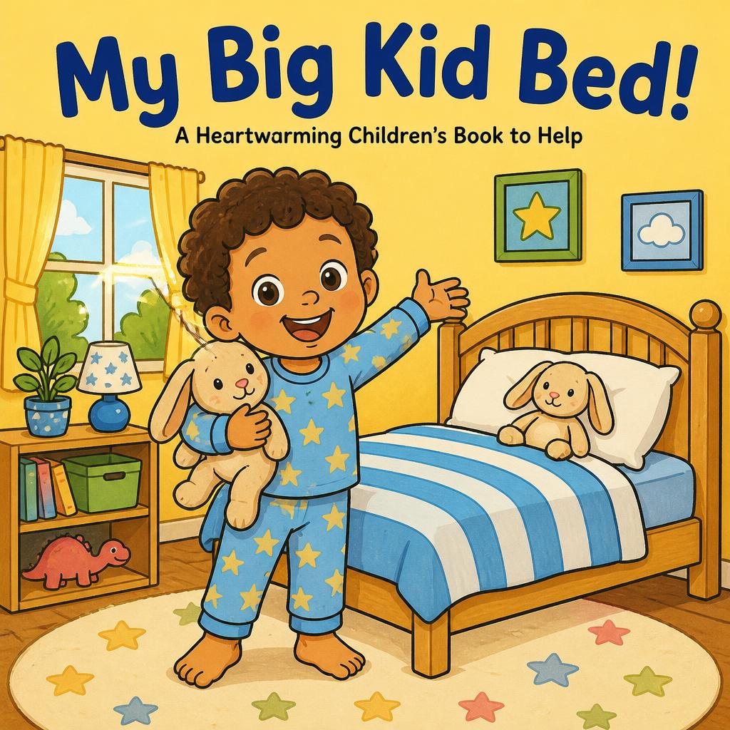 My Big Kid Bed! children's book cover—happy toddler standing beside his new star-patterned big kid bed