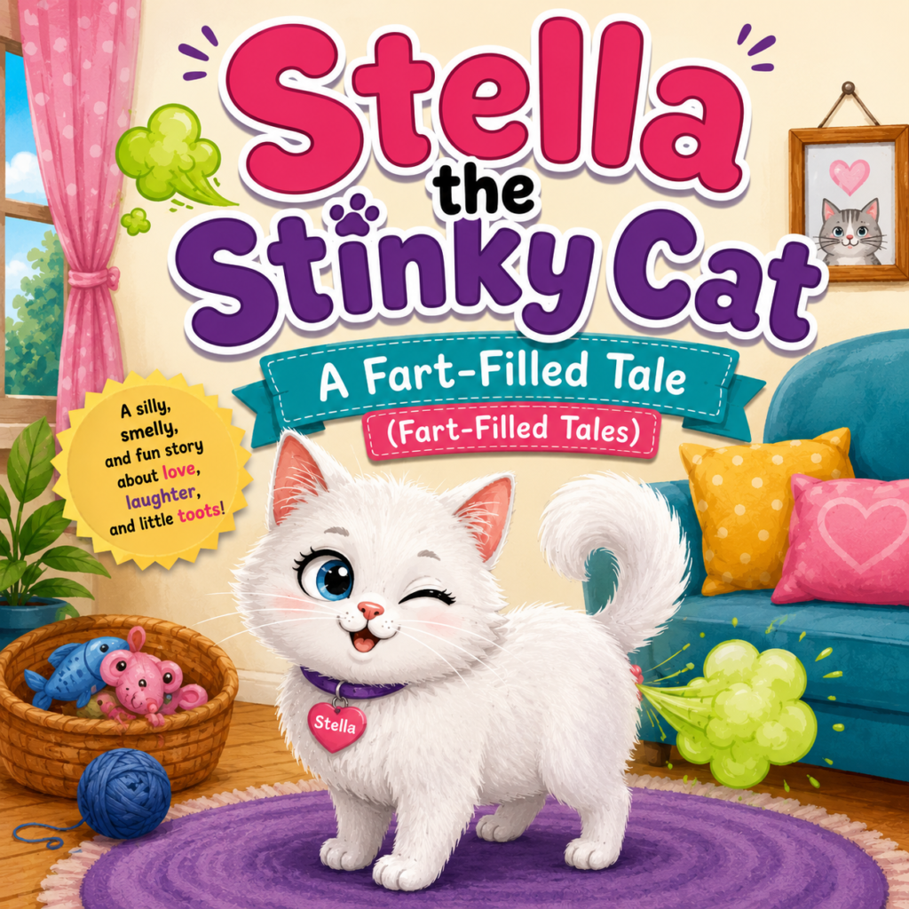 Stella the Stinky Cat: A Fart-Filled Tale children's picture book featuring a fluffy white cat on a colorful illustrated cover.