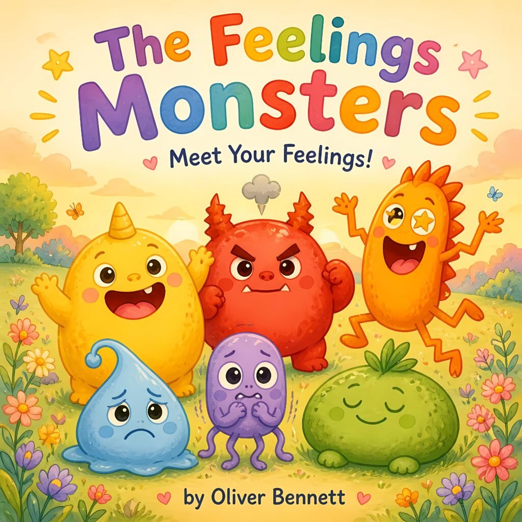 The Feelings Monsters: Meet Your Feelings! by Oliver Bennett — a children's book cover featuring six colorful monster characters, each representing a feeling.