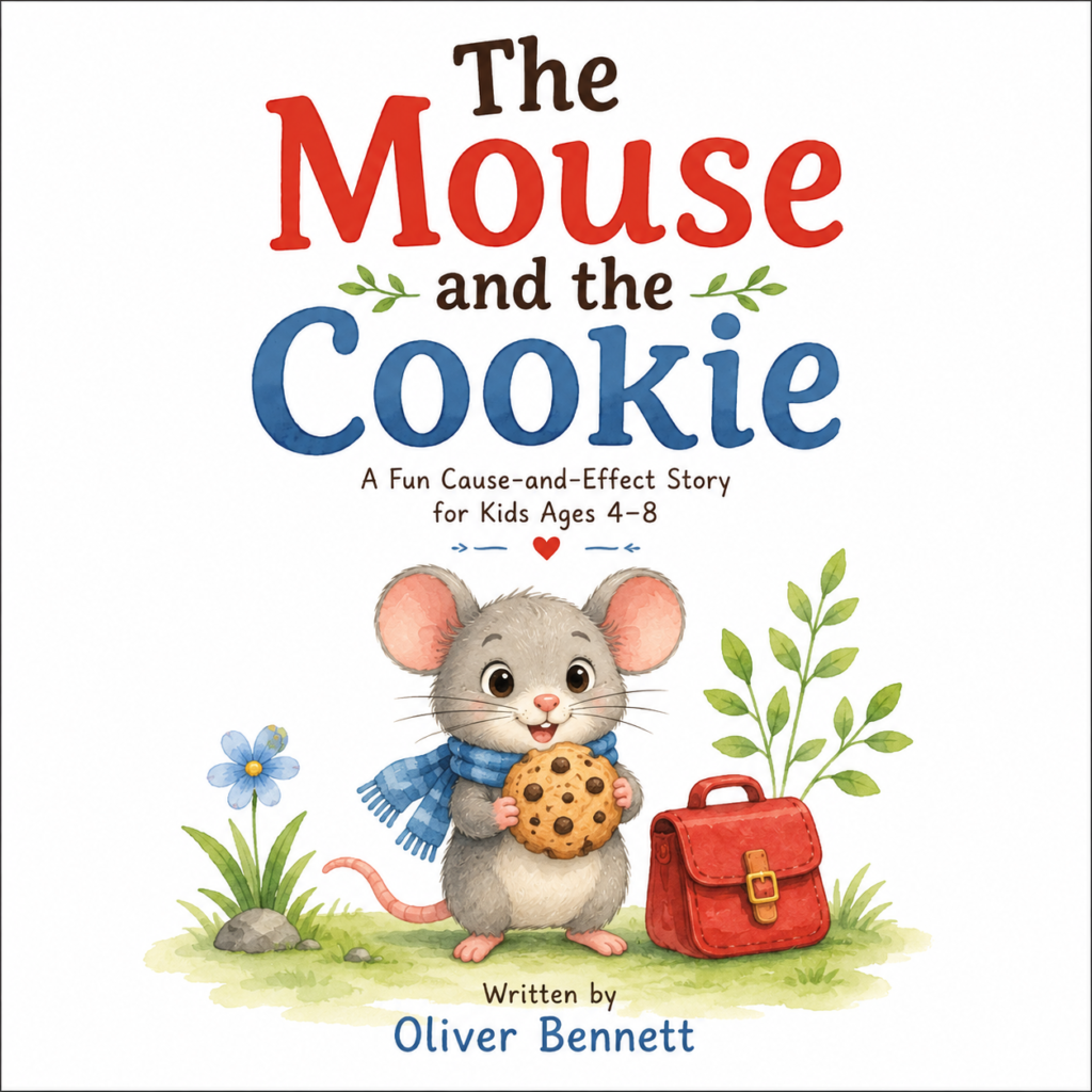 Cute little mouse holding a cookie on the cover of The Mouse and the Cookie, a children's picture book for ages 4–8.