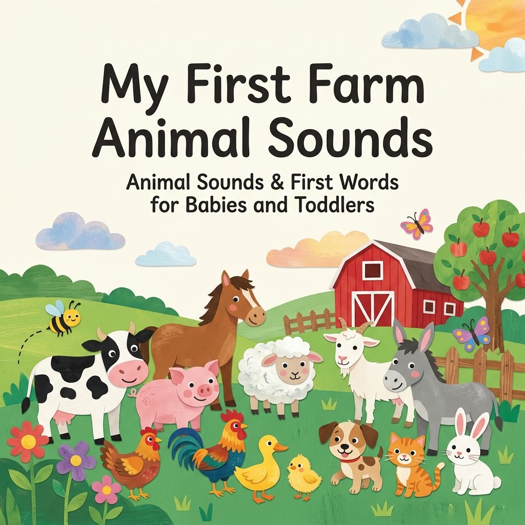 My First Farm Animal Sounds book cover featuring colorful farm animals and first words for babies and toddlers.