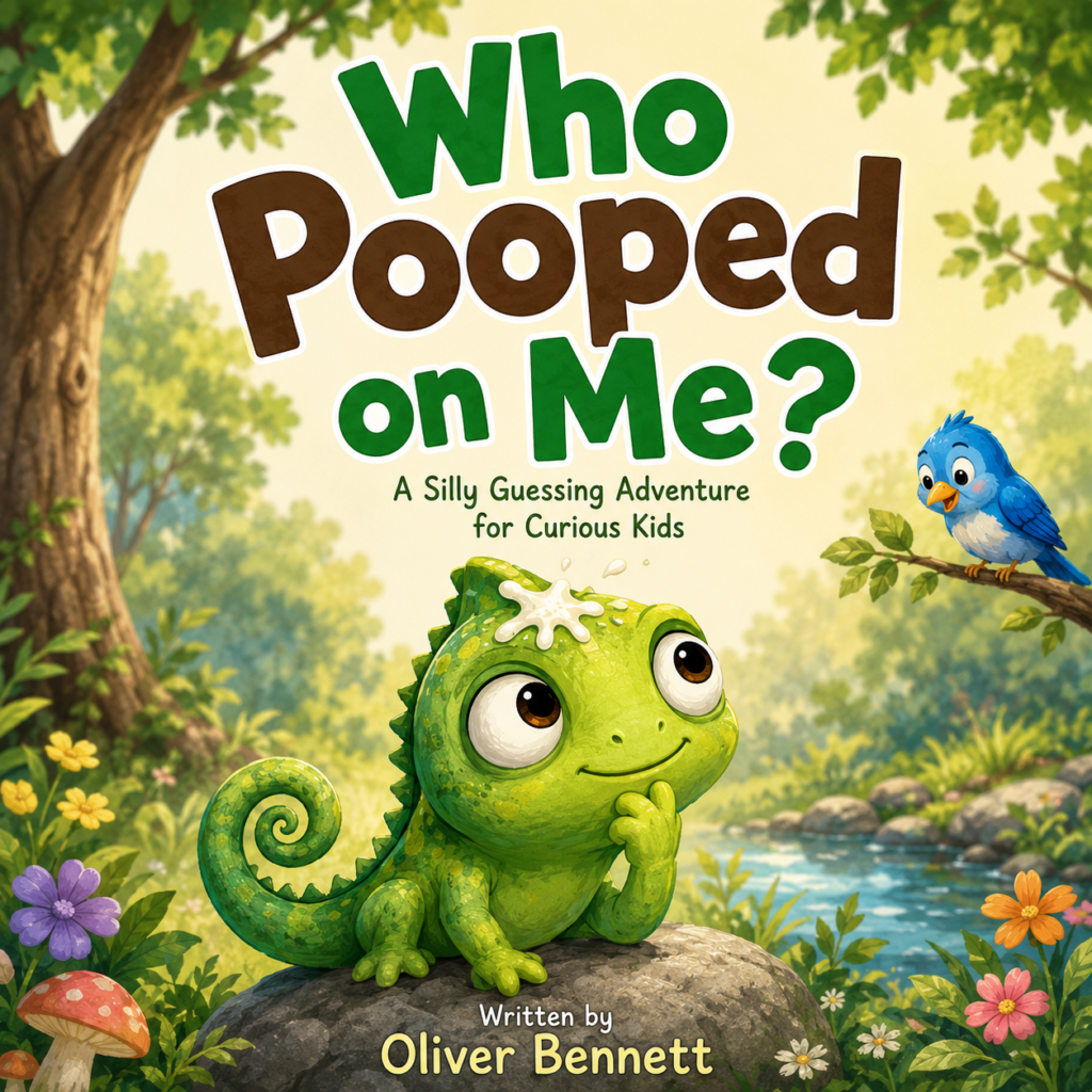 Who Pooped on Me children's picture book featuring a curious little chameleon in a colorful woodland forest.