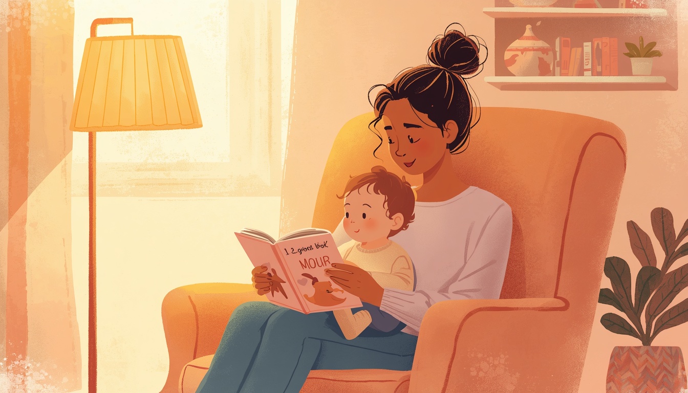 Mother reading a bedtime picture book with her one-year-old toddler