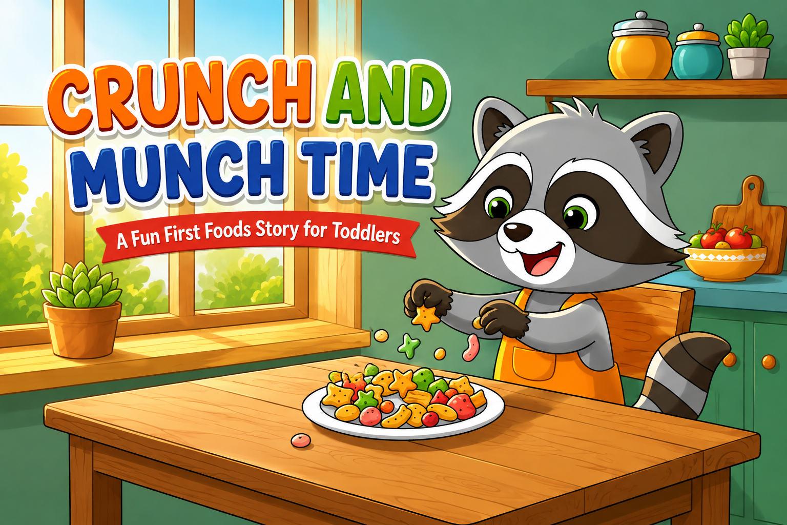 first foods picture book for toddlers - Crunch and Munch Time cover featuring Kiki the raccoon