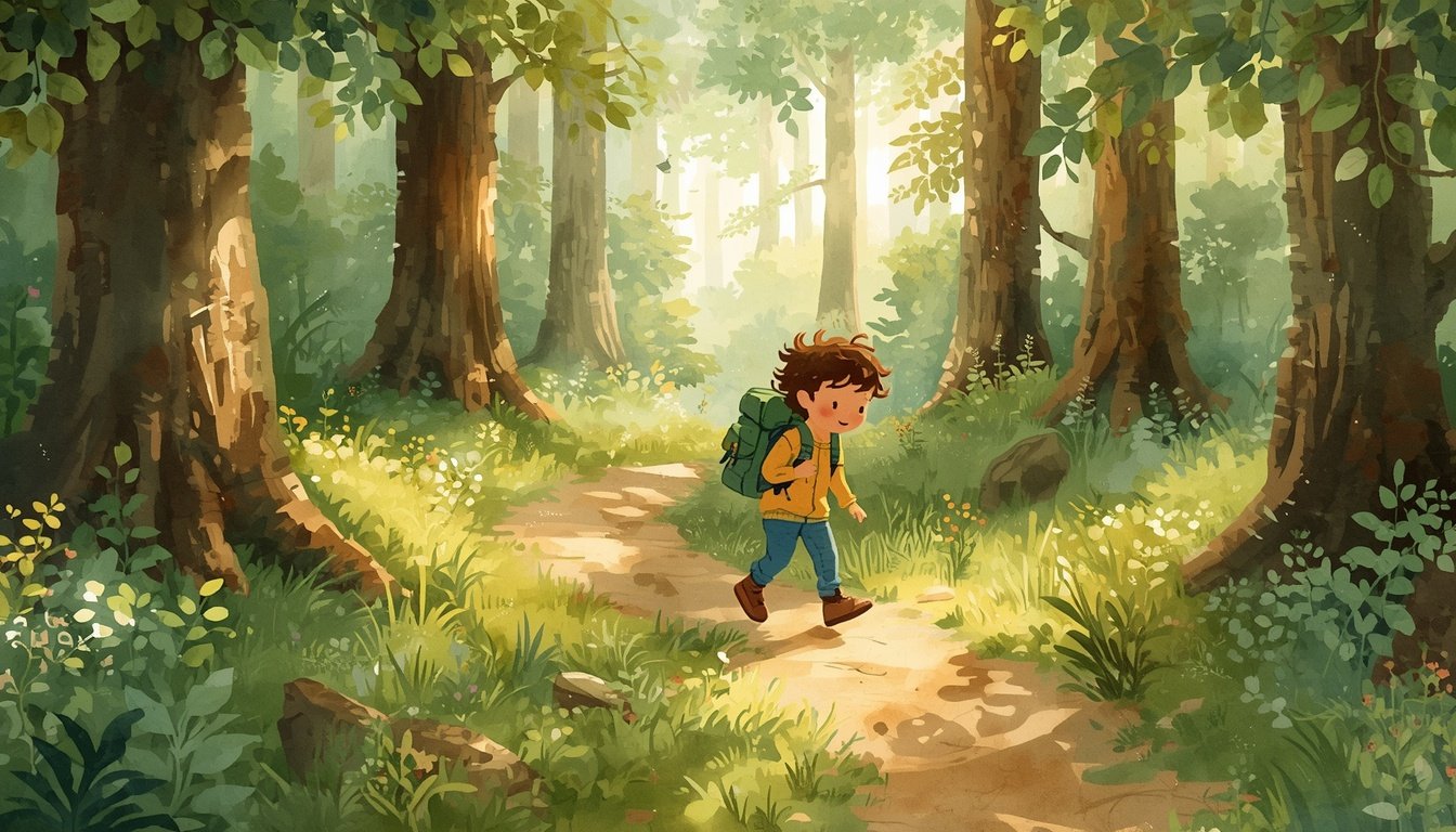 Free adventure books for kids — child exploring a magical forest illustration