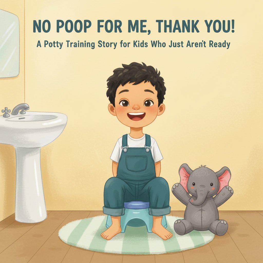 potty training book for toddlers - No Poop for Me Thank You cover featuring Milo and his stuffed elephant Ellie
