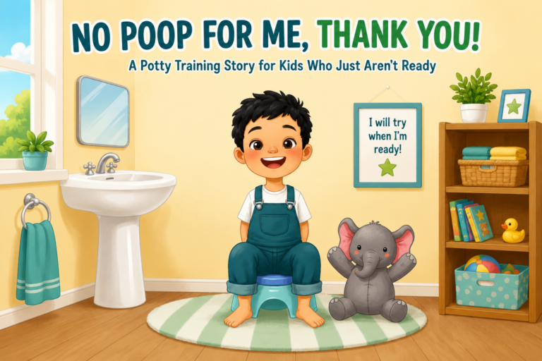 potty training book for toddlers—No Poop for Me Thank You cover featuring Milo and his stuffed elephant Ellie