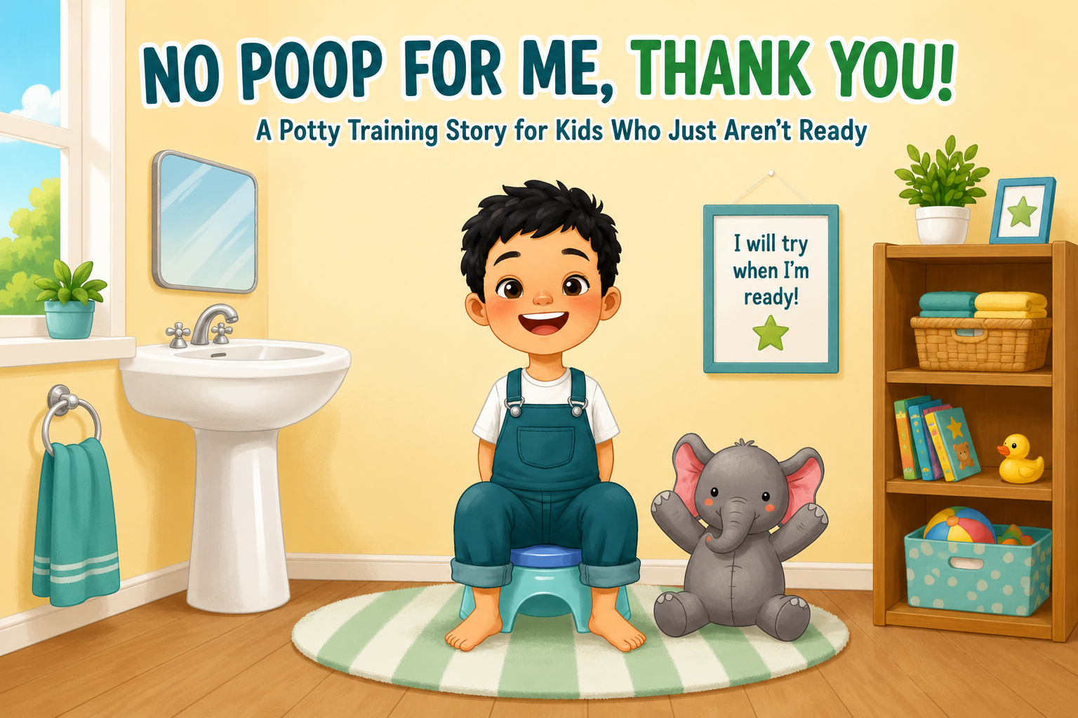 potty training book for toddlers—No Poop for Me Thank You cover featuring Milo and his stuffed elephant Ellie