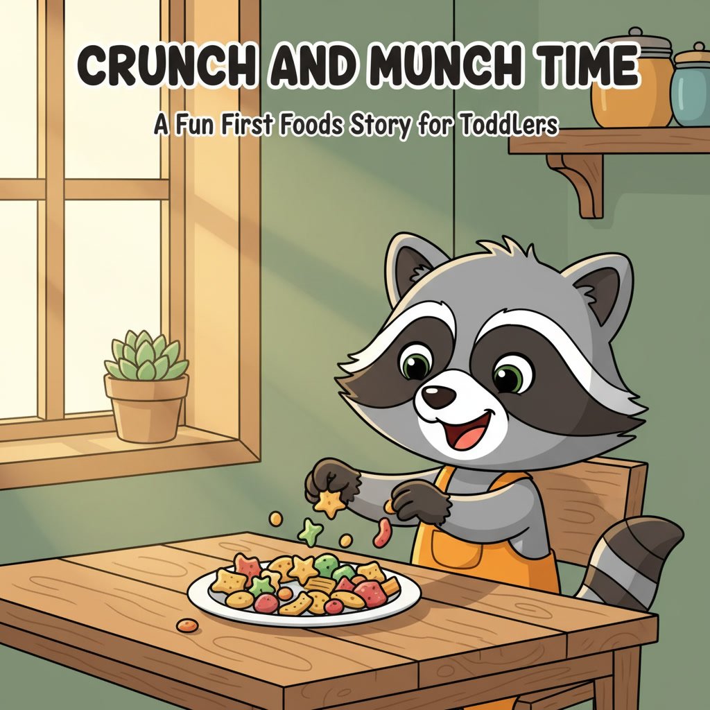 first foods picture book for Toddlers—Crunch and Munch Time cover featuring Kiki the raccoon