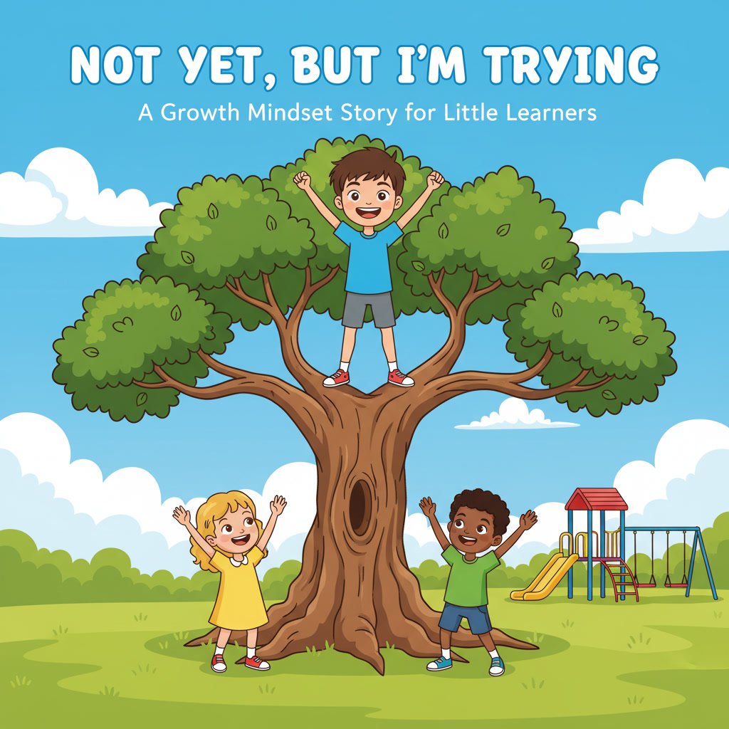 Not Yet, But I'm Trying free kids picture book cover featuring Theo climbing a tree with his sister cheering him on