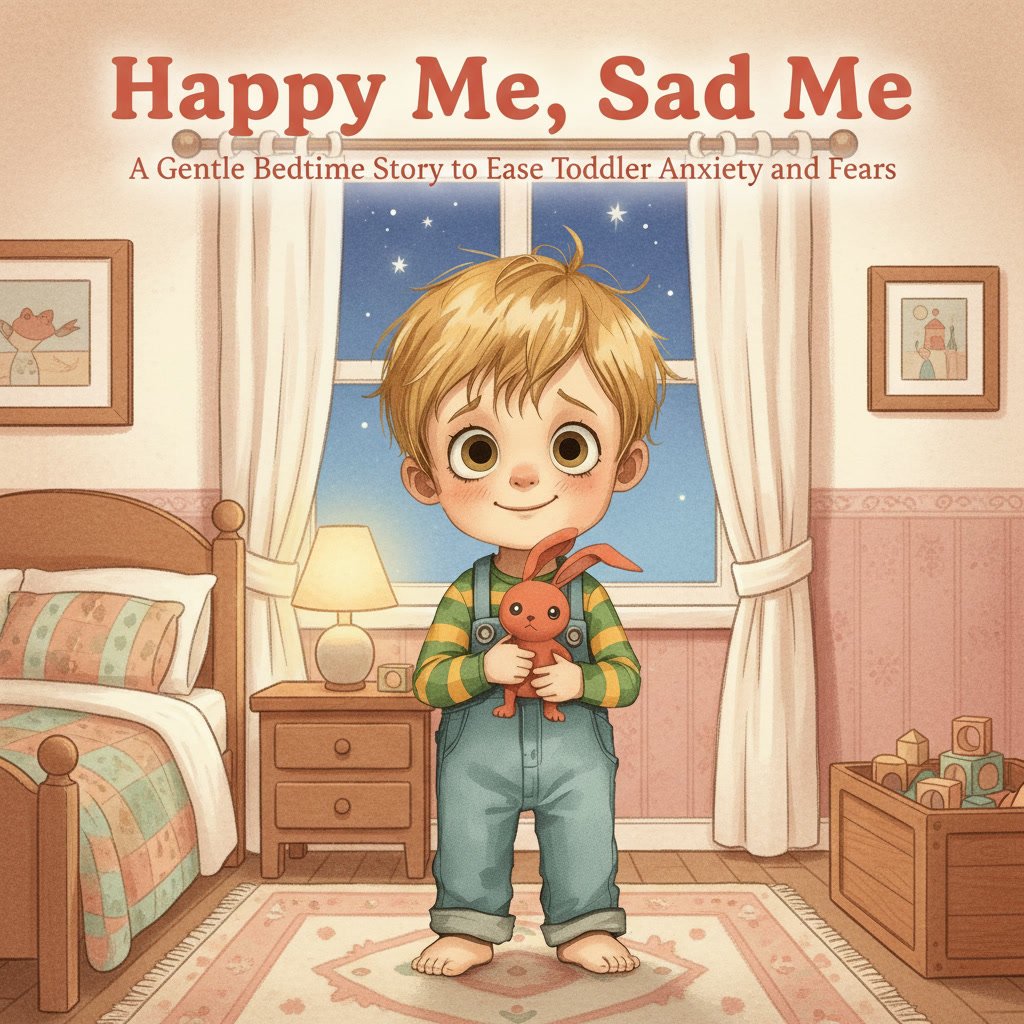 Happy Me Sad Me free toddler picture book cover showing a young boy hugging a red stuffed bunny in a cozy bedroom, addressing daycare separation anxiety and bedtime fears for children ages 1 to 3