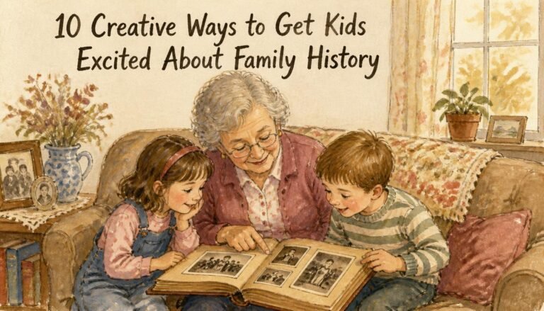 family history for kids grandmother and grandchildren looking at photos illustration