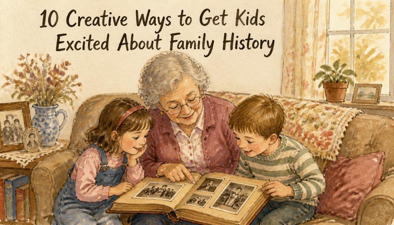 family history for kids grandmother and grandchildren looking at photos illustration