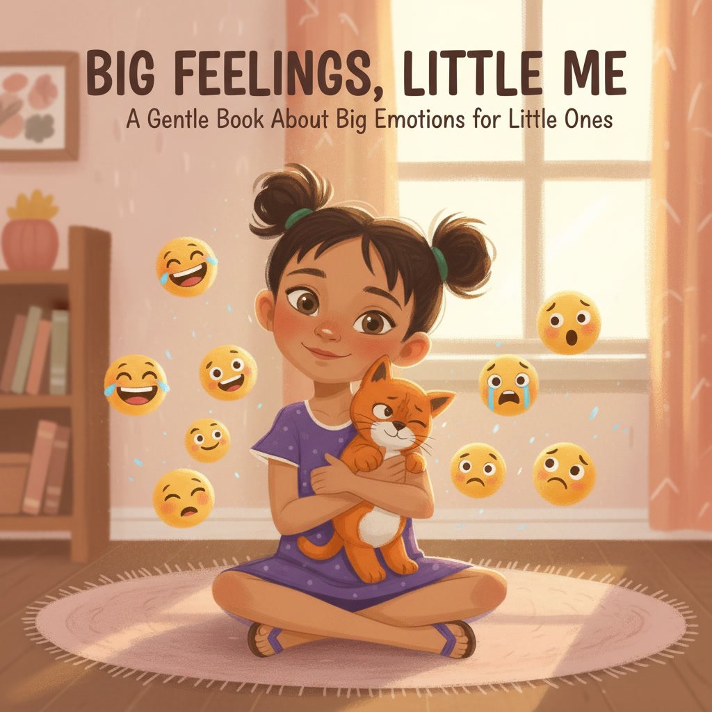 feelings book for toddlers—Big Feelings Little Me cover featuring Zara and her stuffed cat Whiskers