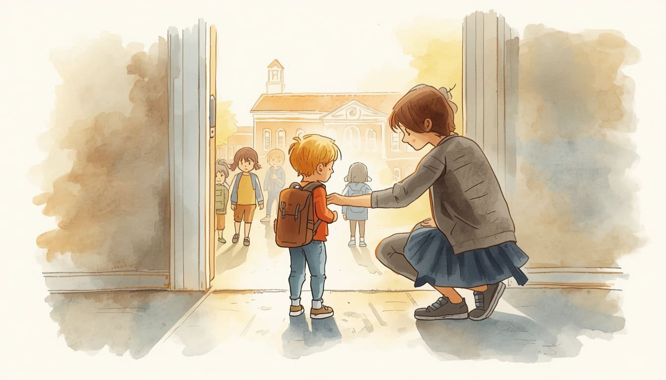 first day of school anxiety—child at school entrance illustration