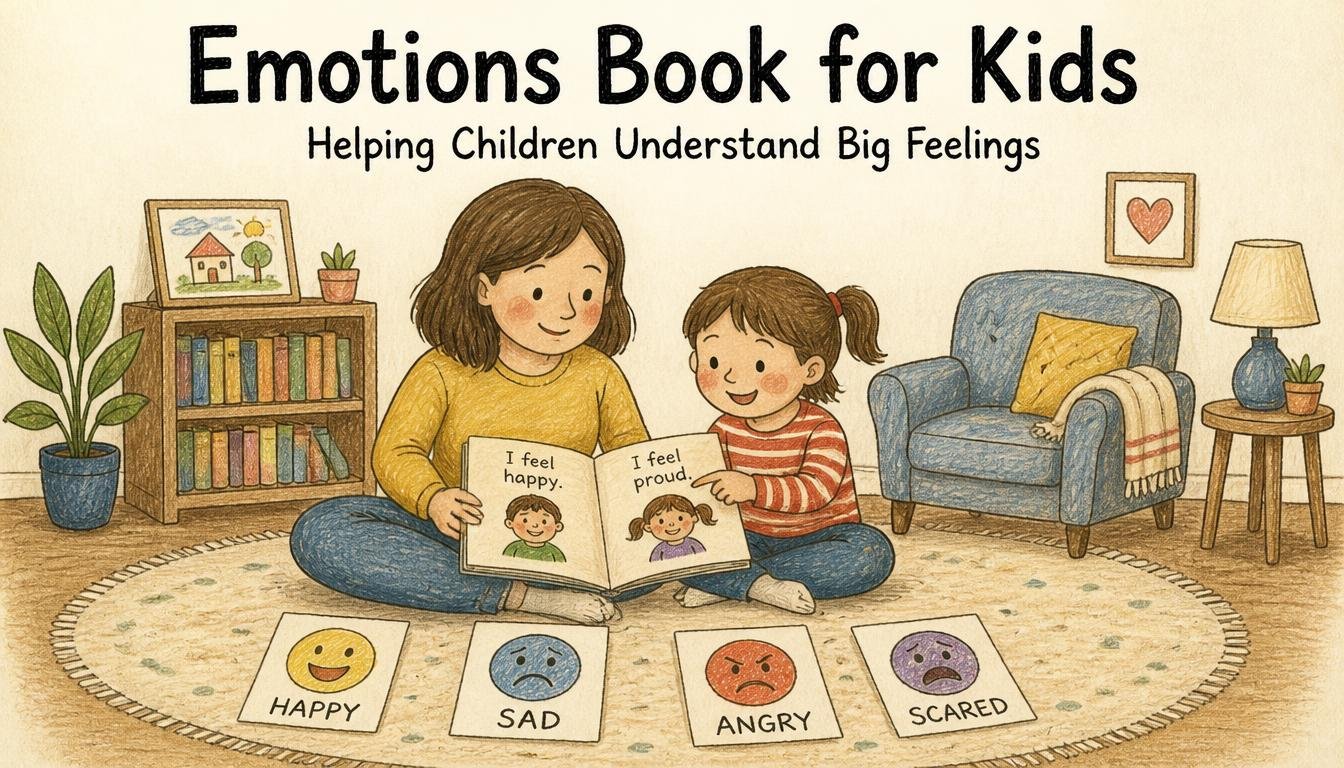 Parent and child reading an emotions book for kids together