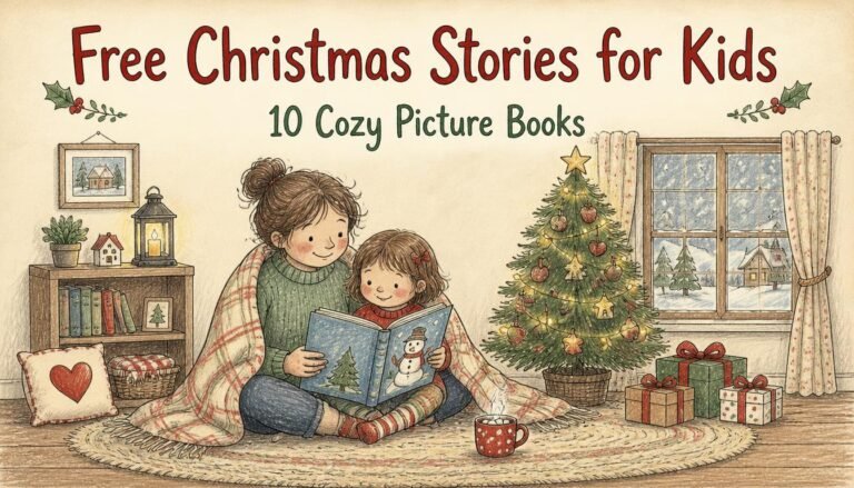 Family reading free Christmas stories for kids by the tree