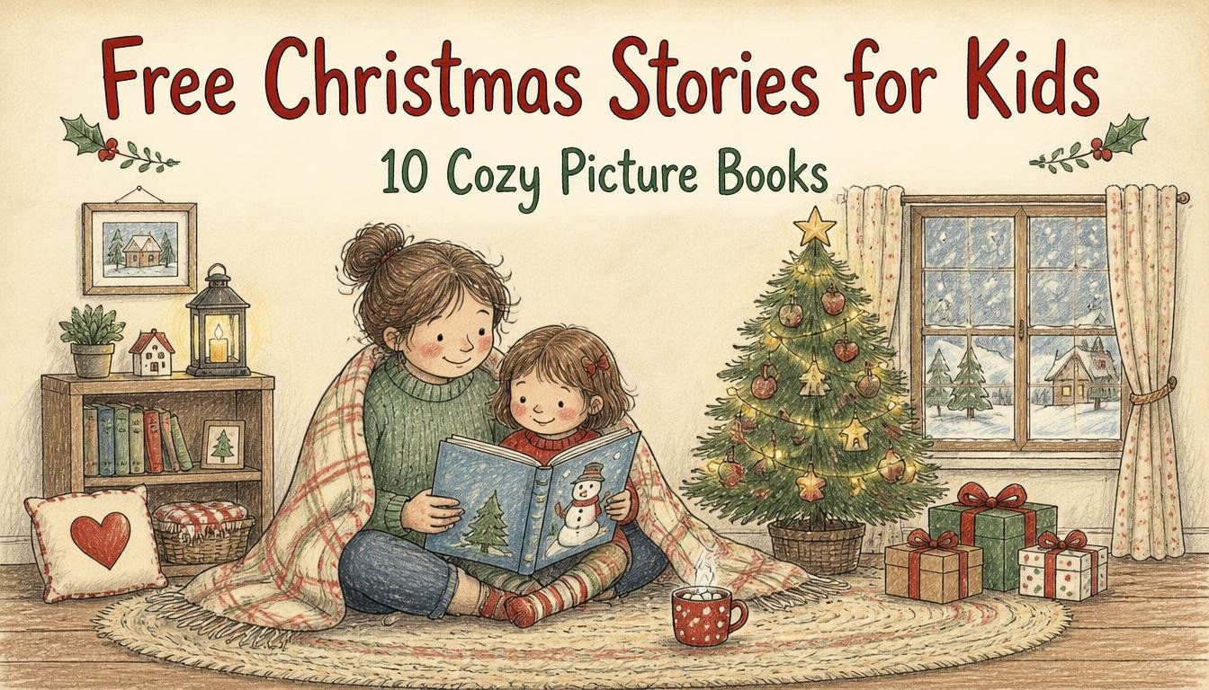 Family reading free Christmas stories for kids by the tree