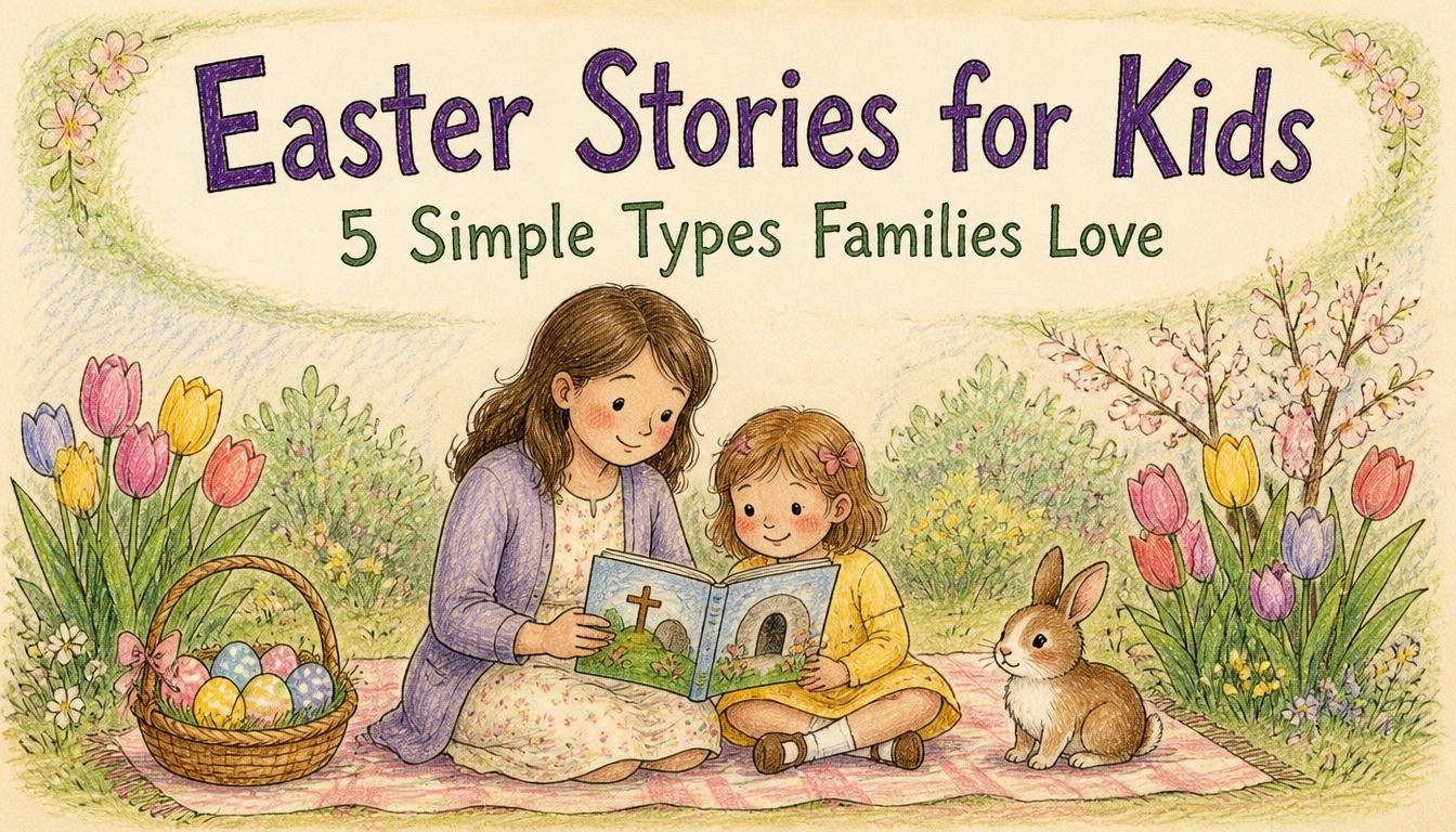 Parent and child reading easter stories for kids in a spring garden