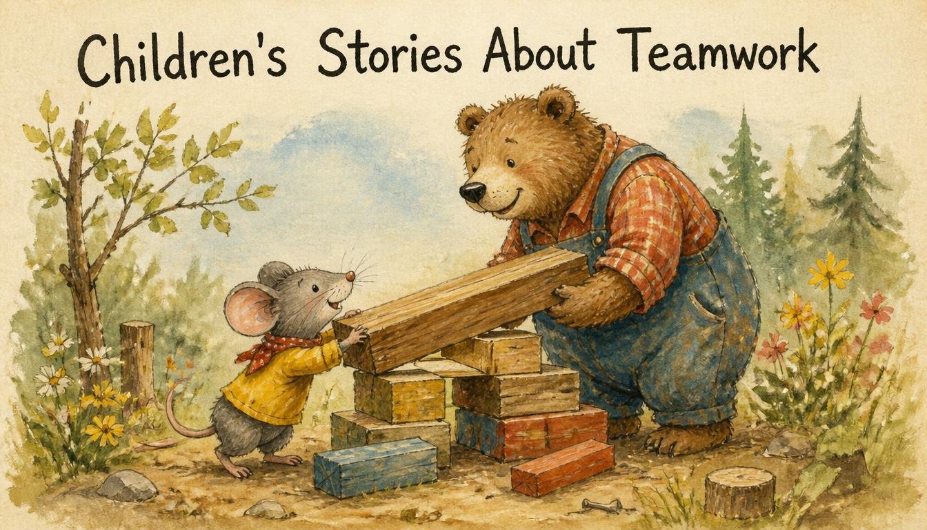 children's stories about teamwork—mouse and bear working together illustration