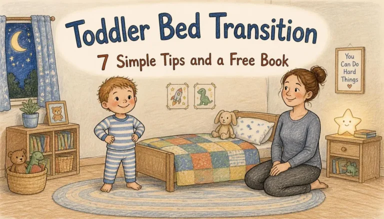Toddler and parent beside a big kid bed during a toddler bed transition
