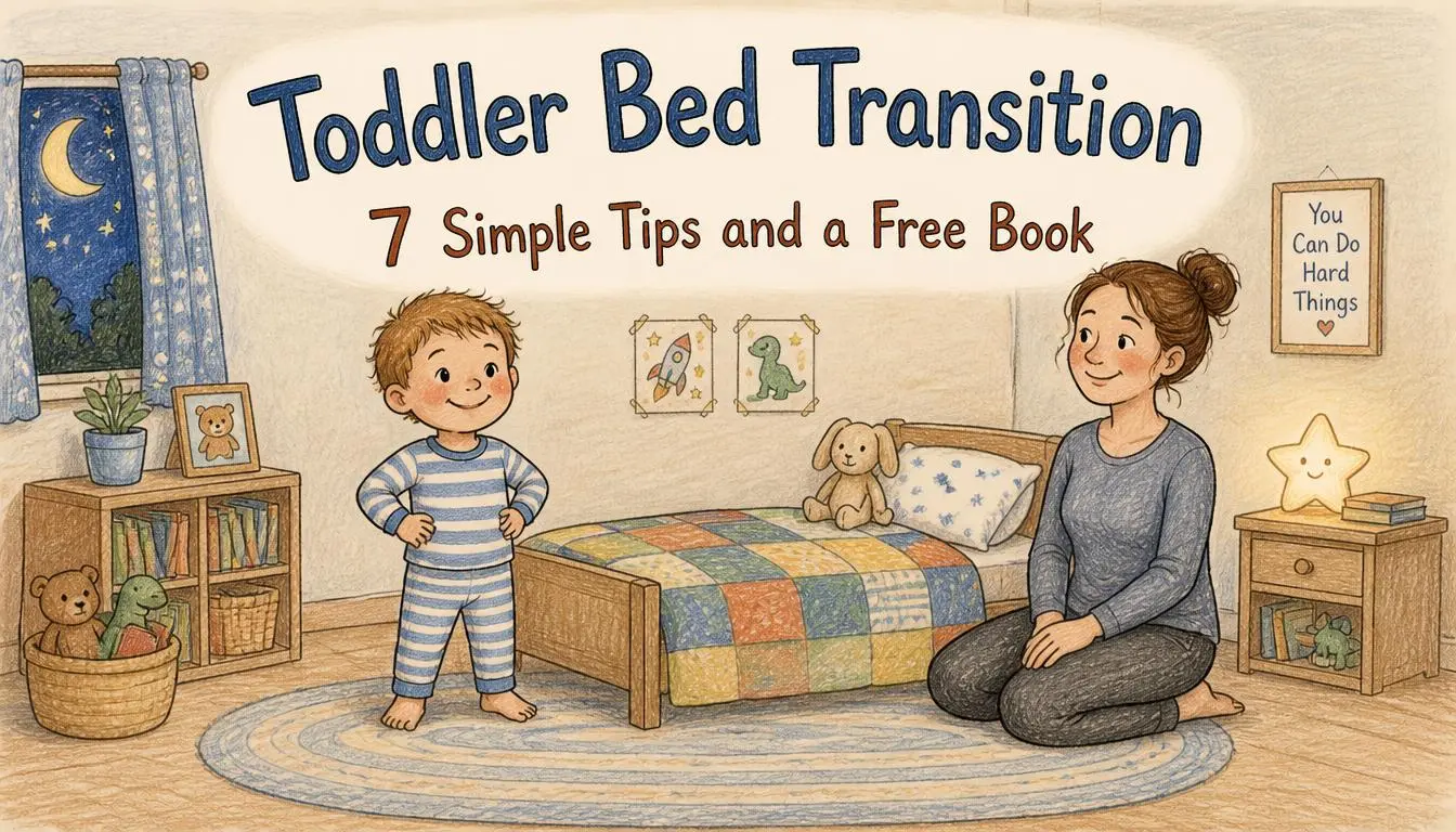 Toddler and parent beside a big kid bed during a toddler bed transition